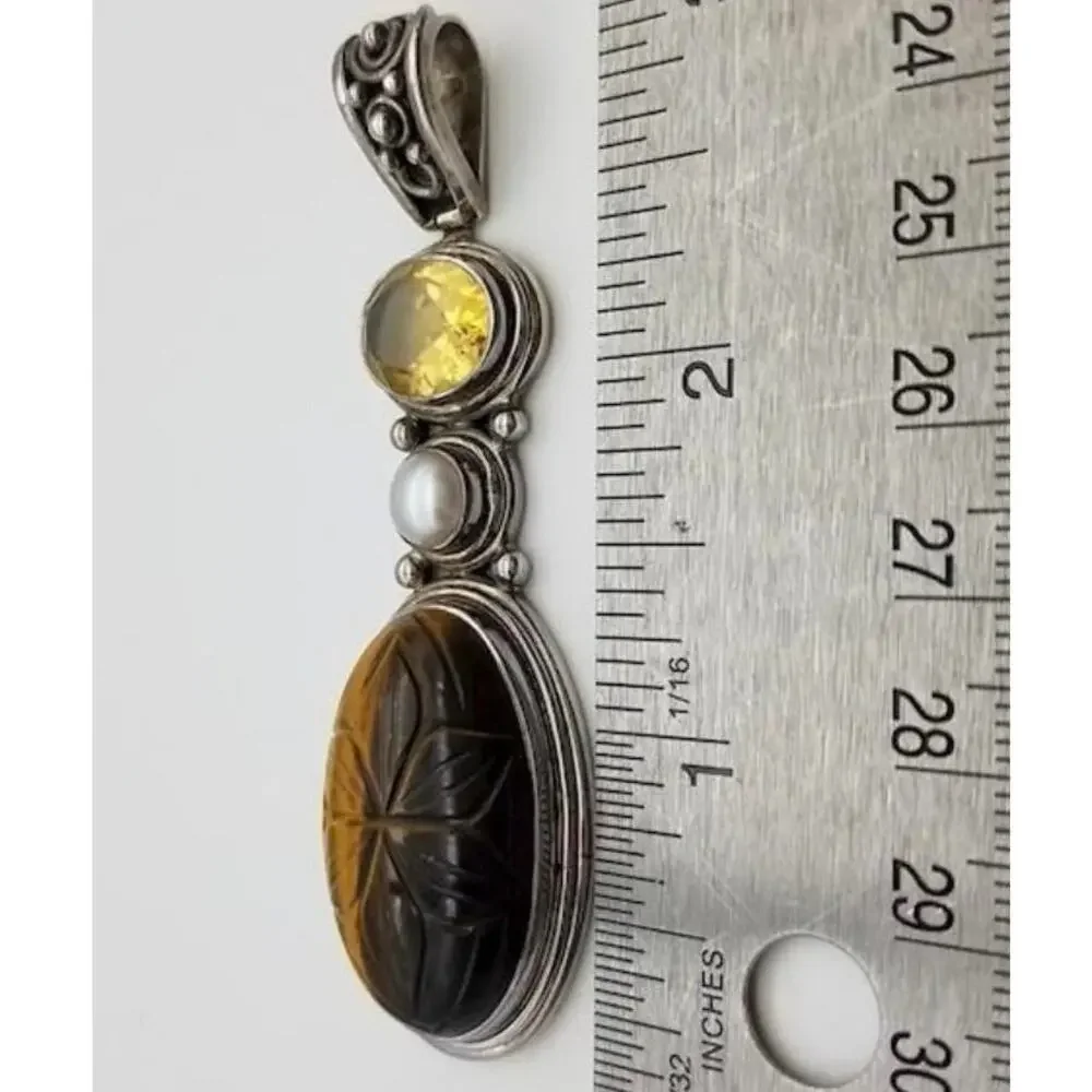 Vintage Silver .925 Carved Tigers Eye Cultured Pearl Citrine Pendant